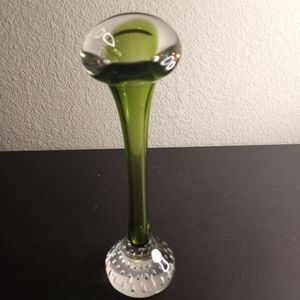 Marked Aseda Sweden Green Glass with Clear Base 8.5" Jack in the Pulpit Vase.